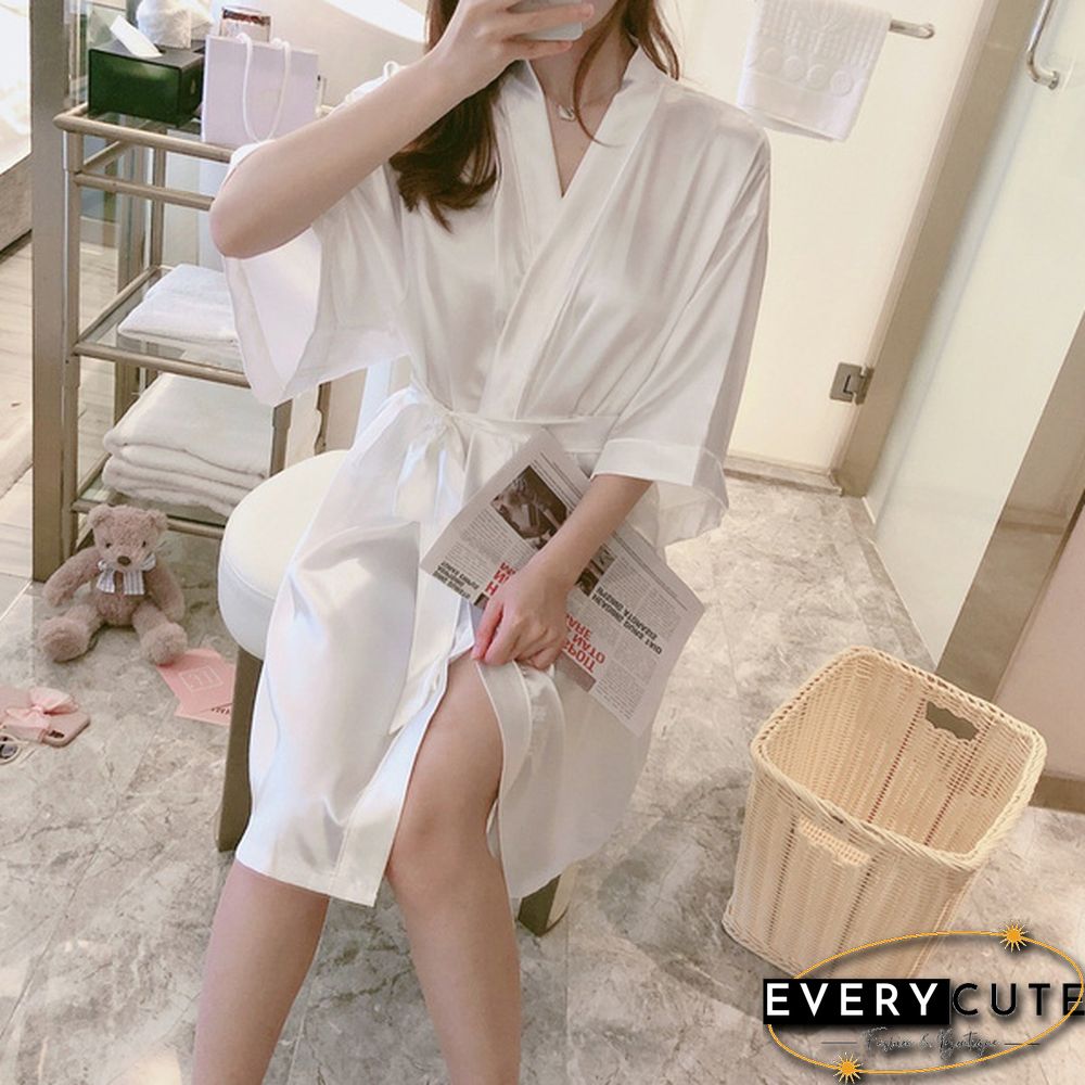Japanese Robe for Sexy Ladies: Half-Sleeve Ice Silk Mini Night Dress Gown Bathrobe