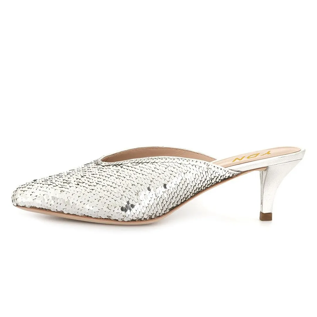Silver Sequins Embellished Kitten Heel Pointed Toe Mules for Women