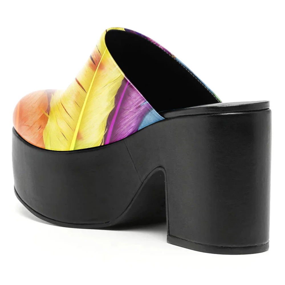 Multicolor Feather Print Block Heel Platform Mules with Round Toe