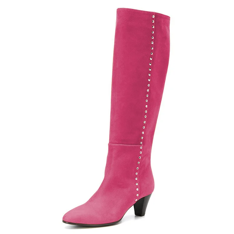 FSJ Hot Pink Rock Studs Embellished Heeled Tall Boots for Women |FSJ Shoes