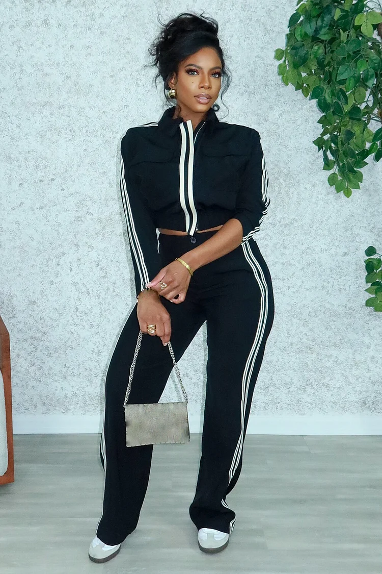 Striped Long Sleeve Crop Jacket High Waist Pants 2pcs Set-Black [Pre Order]