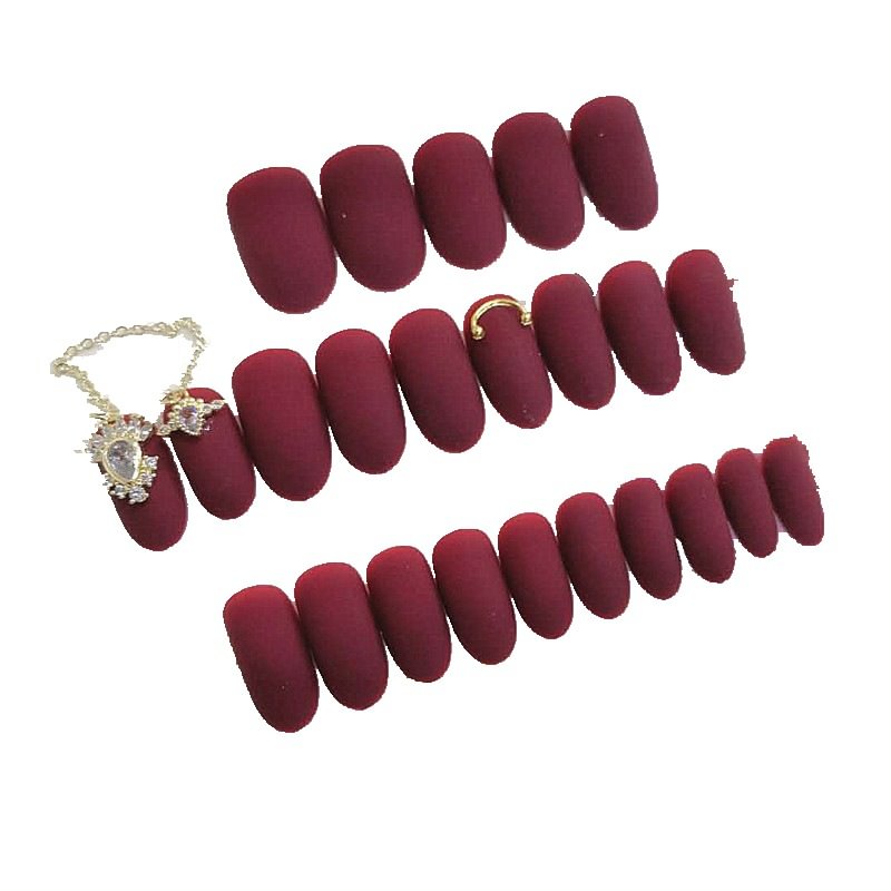 Agreedl Burgundy Scrub Long Wear Nail Tips Artificial Diamond Chain Decoration False Nails French Press On Fake Nails Manicure