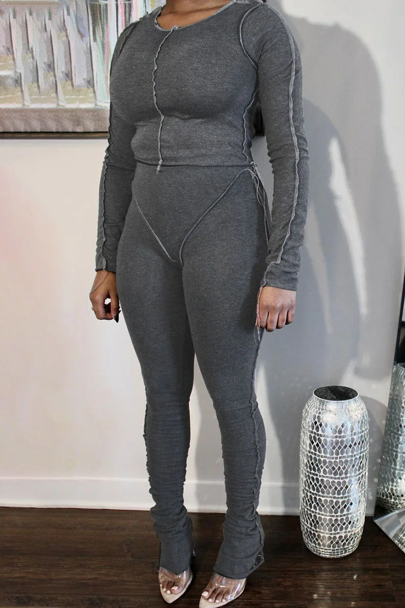 Dark Gray Casual Solid Split Joint Fold O Neck Long Sleeve Two Pieces
