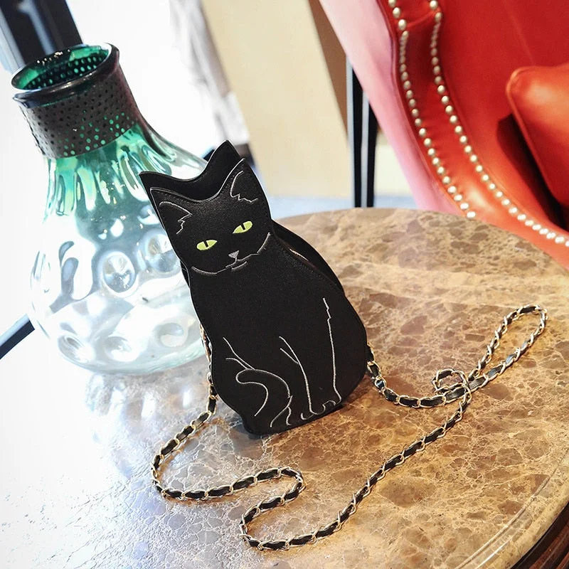 cute black cat chains women shoulder bags designer messenger bag luxury pu leather crossbdoy bag lady harajuku small purses  sac
