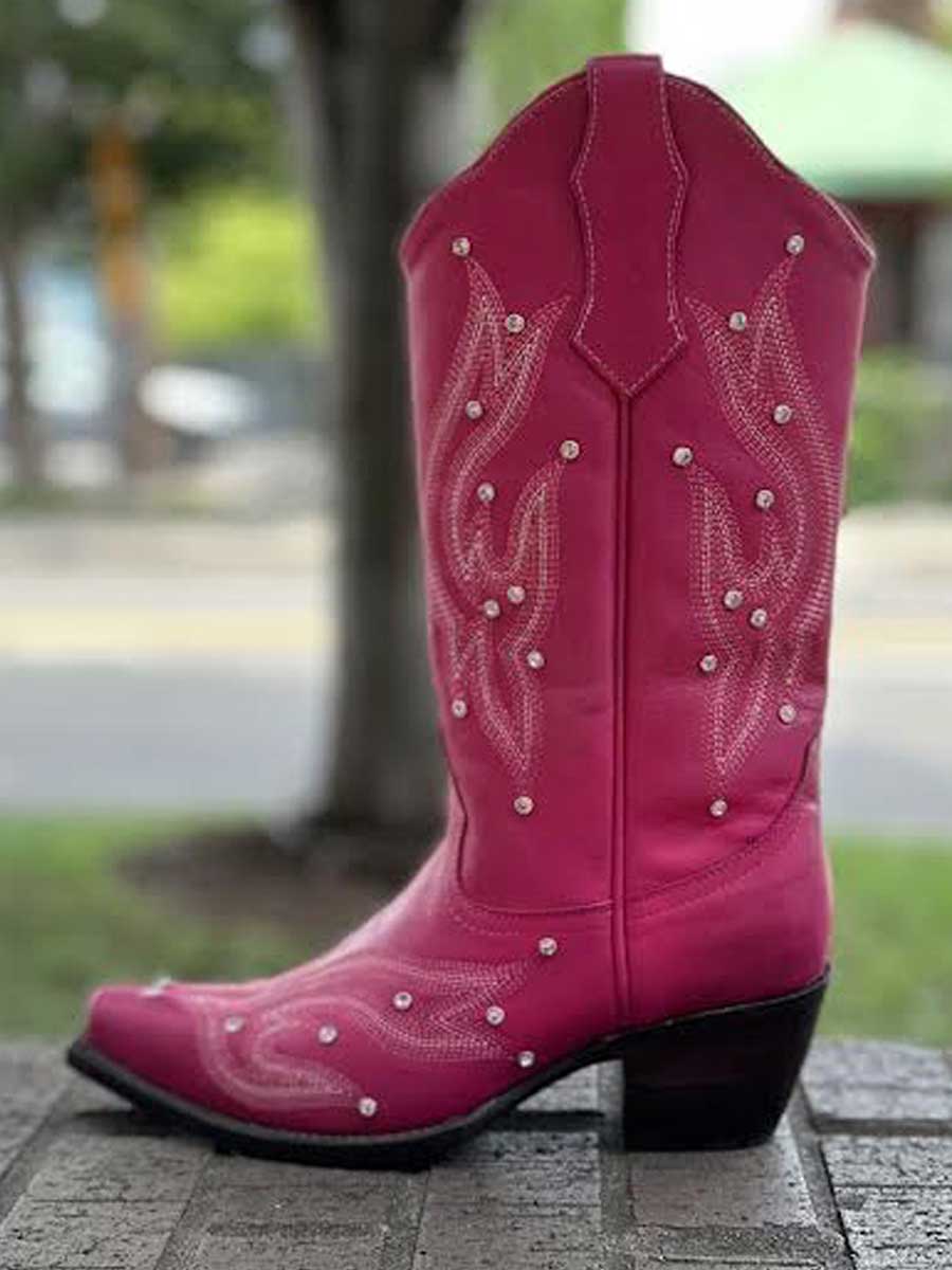 Pink Embroidered Rhinestone Embellished Women's Stylish Cowgirl Boots 