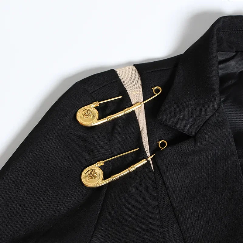 Oocharger Loose Fit Black Hollow Out Pin Spliced Jacket Blazer New Lapel Long Sleeve Women Coat Fashion 2023 Autumn Winter