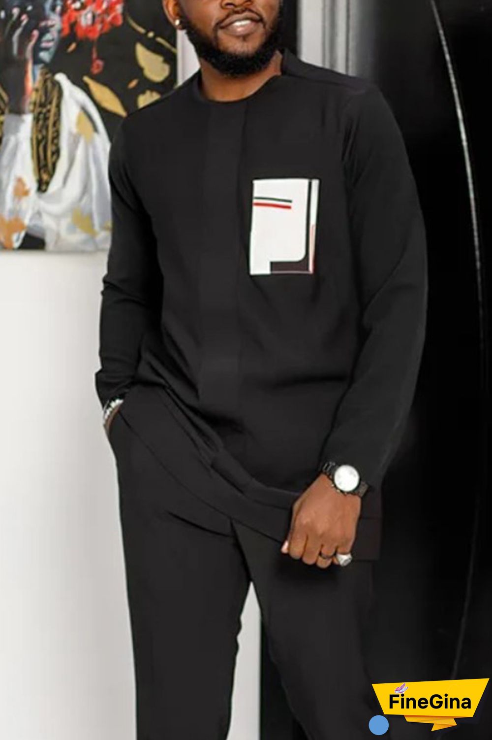 Black Men's Casual Color Blocking Long Sleeve Walking Suit-168