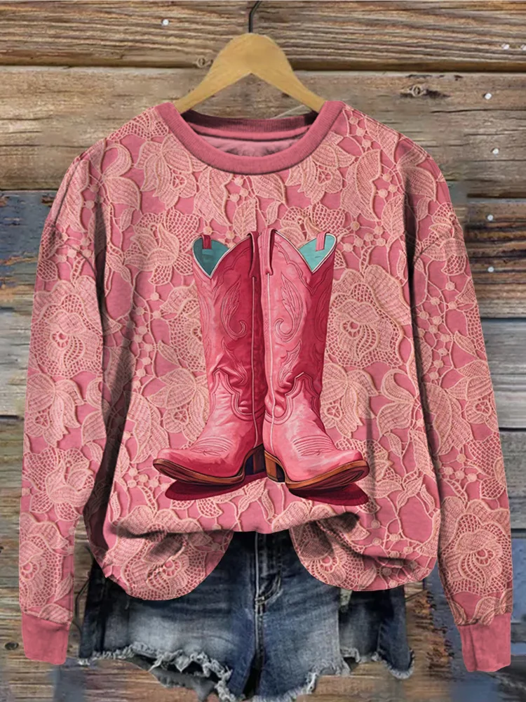 Hot Pink Cowgirl Boots Vintage Lace Sweatshirt
