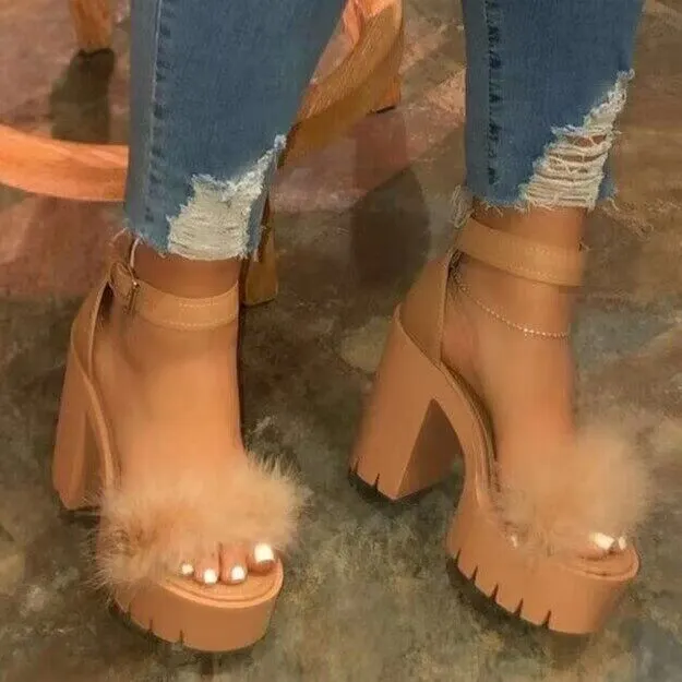 Yyvonne Summer New Thick Heel Sandals Women Feel A Buckle With Fur Fashion Women's Sandals
