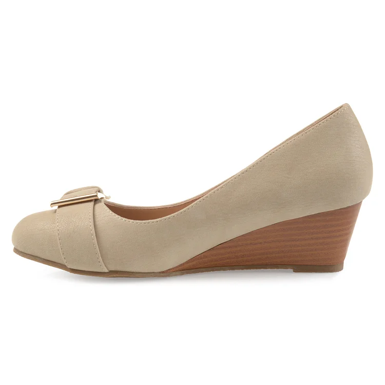 Beige Custom-Made Wedge Heel Pumps with Buckle - Round Toe Vdcoo