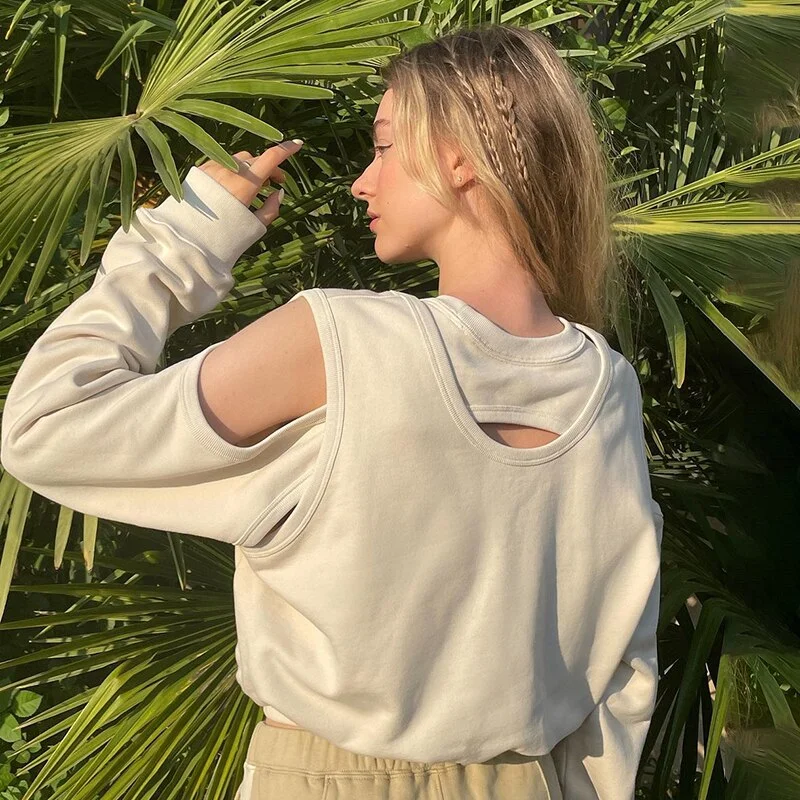 Hollow Out Sweatshirts Autumn Women Cute Loose Y2K Casual Tops Shirts Streetwear Joggers Solid Retro Grunge Cloth Cuteandpsycho