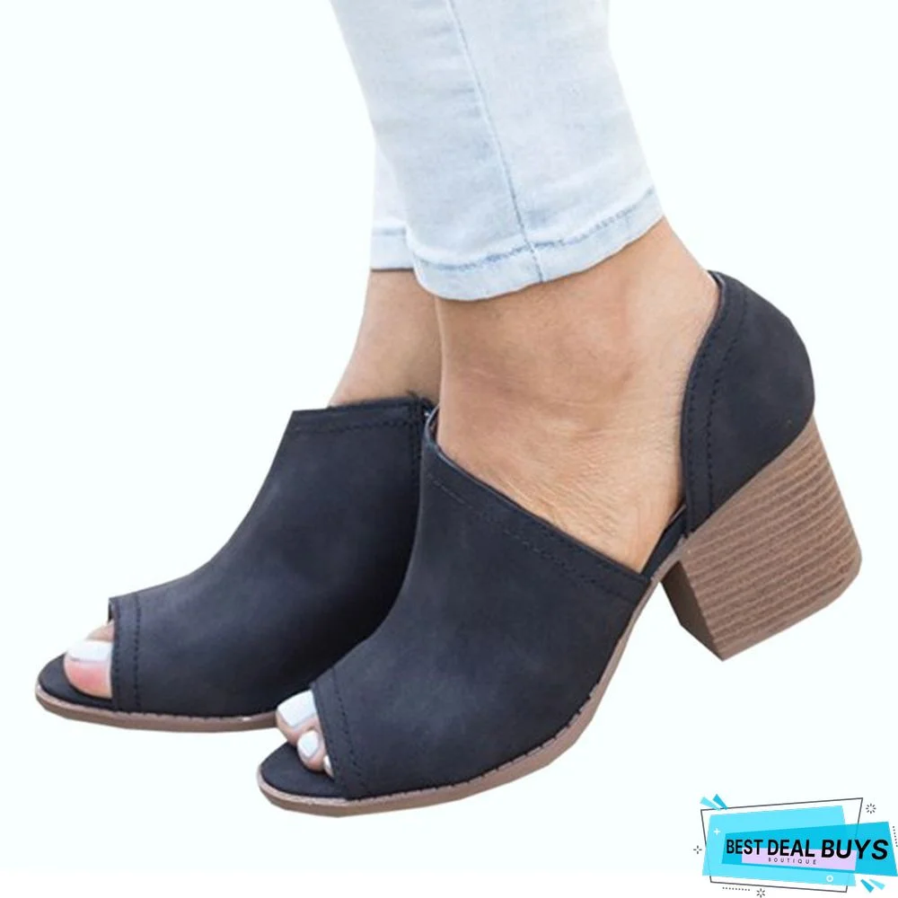 Peep Toe Zipper Pu Chunky Pumps