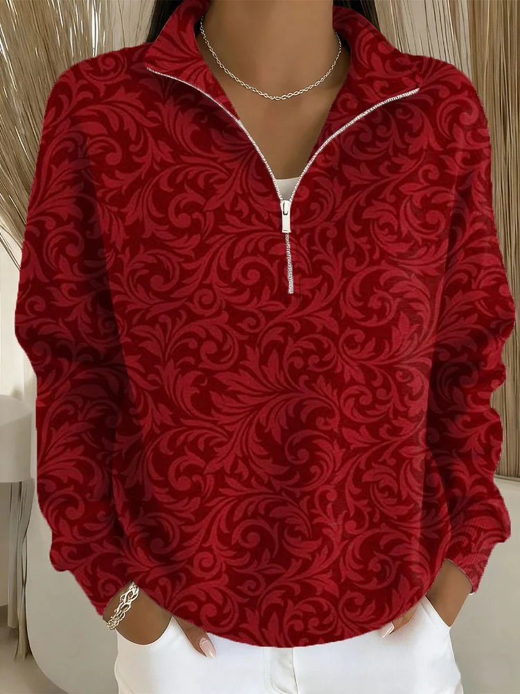 Vintage Christmas Tre Art Print Casual Long Sleeve Zip Sweatshirt