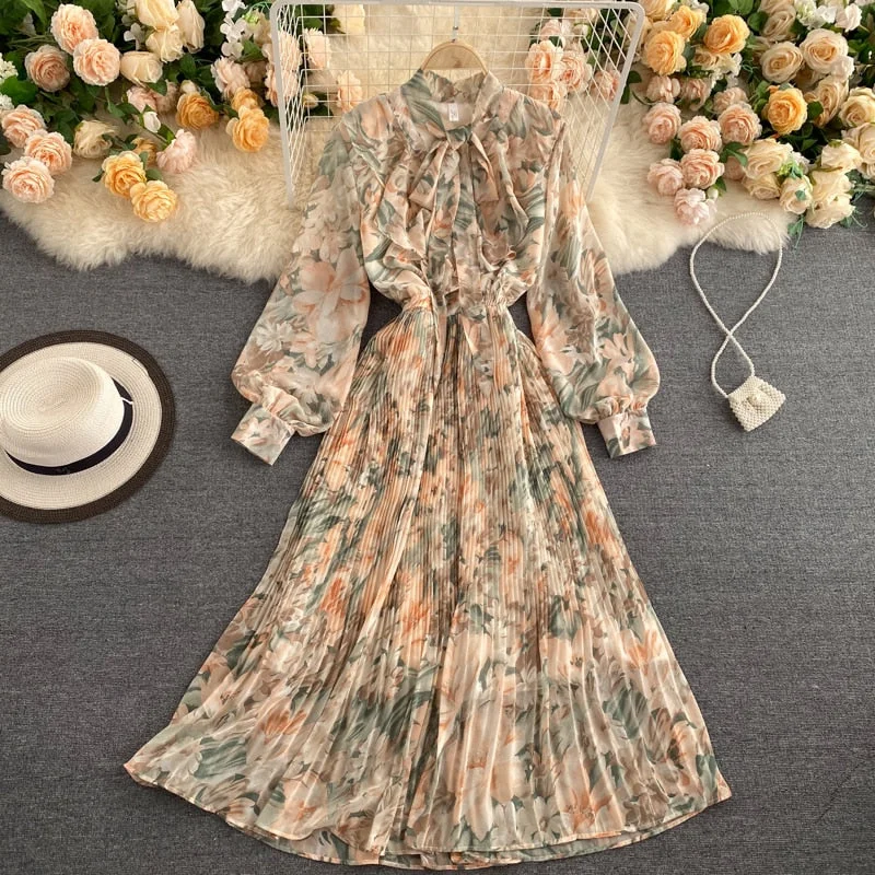 Croysier Dresses For Women 2021 Elegant Bow Tie Neck Vintage Floral Midi Dress Long Sleeve Spring Autumn Chiffon Pleated Dress