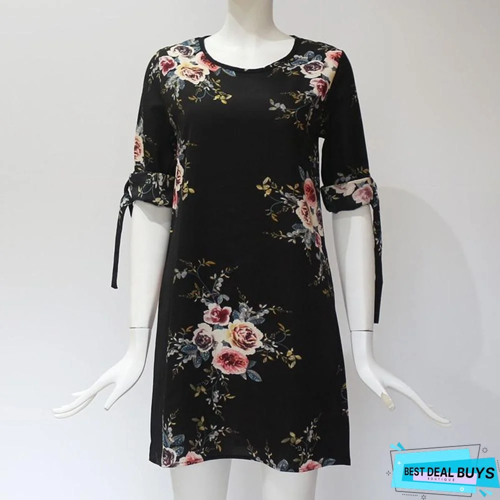 Women Chiffon Floral Print Mini Dress Boho Beach Half Sleeve Elegant Dress Black Dresses