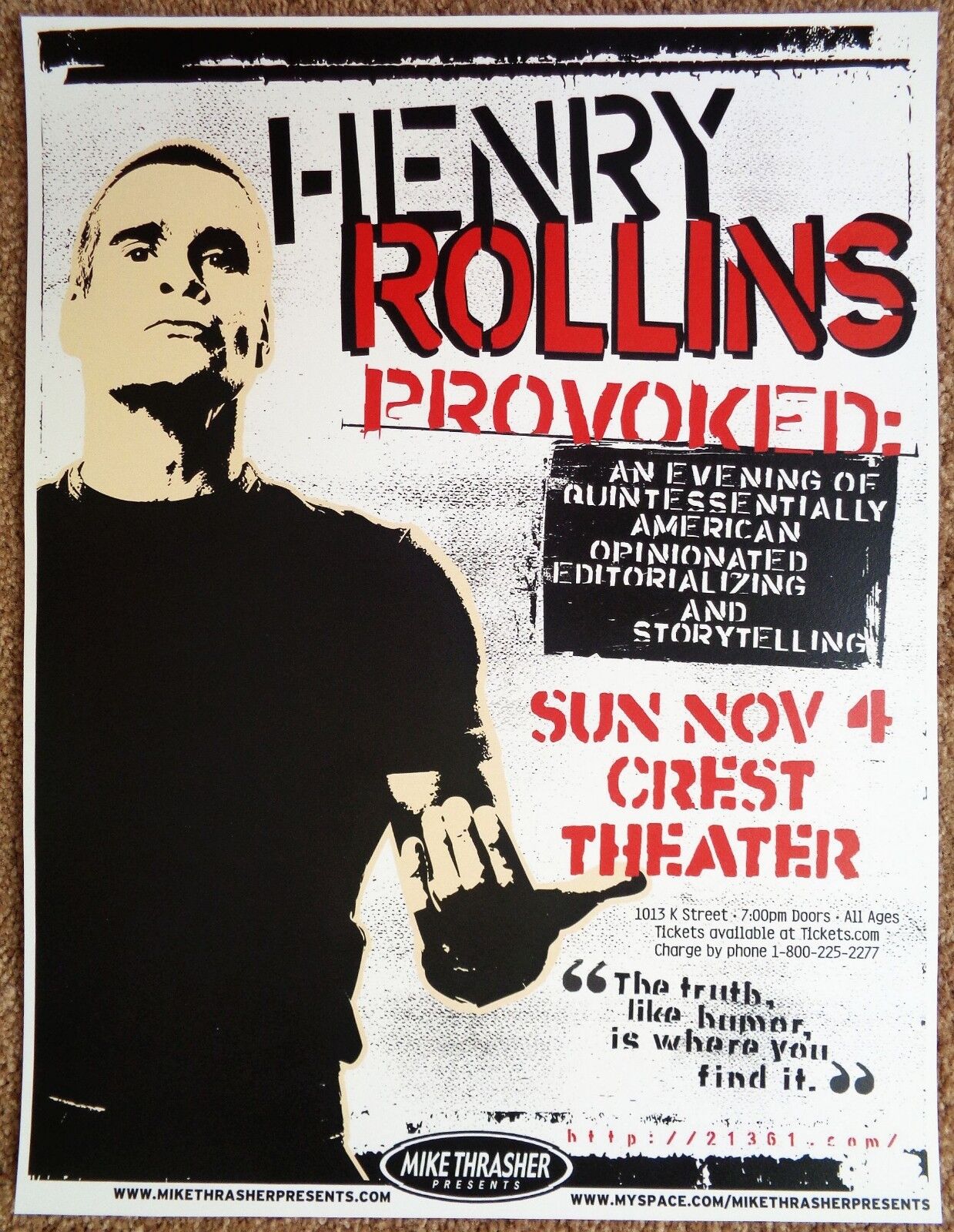 HENRY ROLLINS 2007 Gig POSTER Sacramento Concert