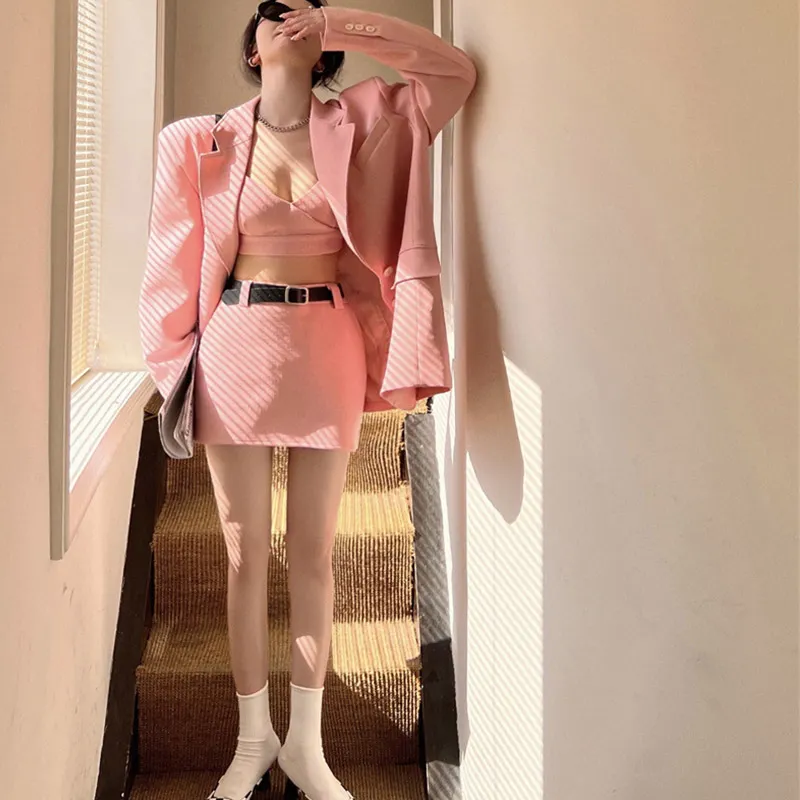Chic Lapel Blazer Cami Belted Skirt Three Pieces