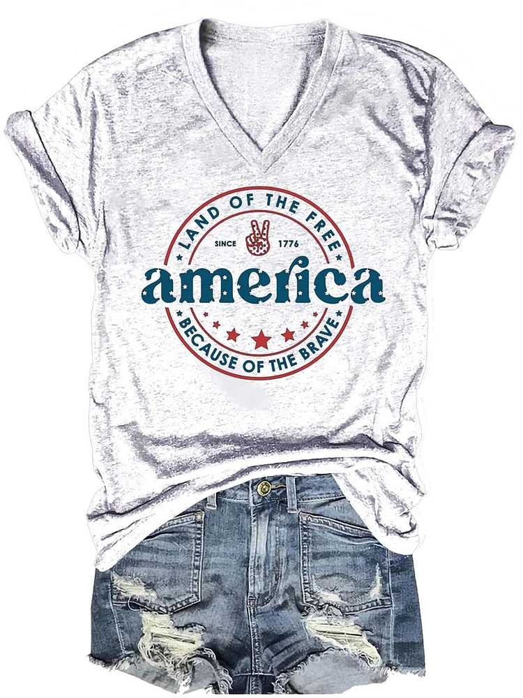 Independence Day America Land Of The Free Because Of The Brave Letter Art Print Casual T-shirt