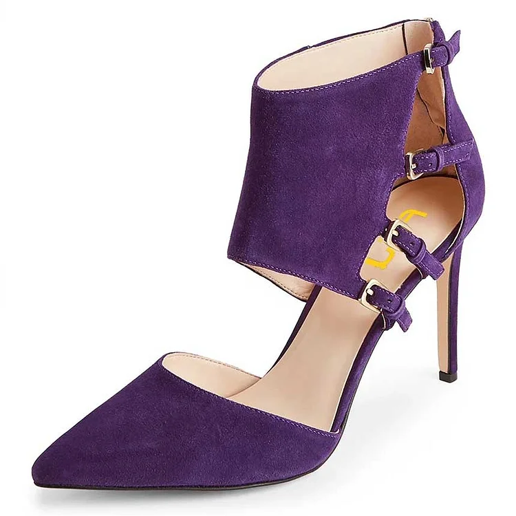 Women's Pointed Toe Cutout Buckled High Heel Shoes in Purple |FSJ Shoes