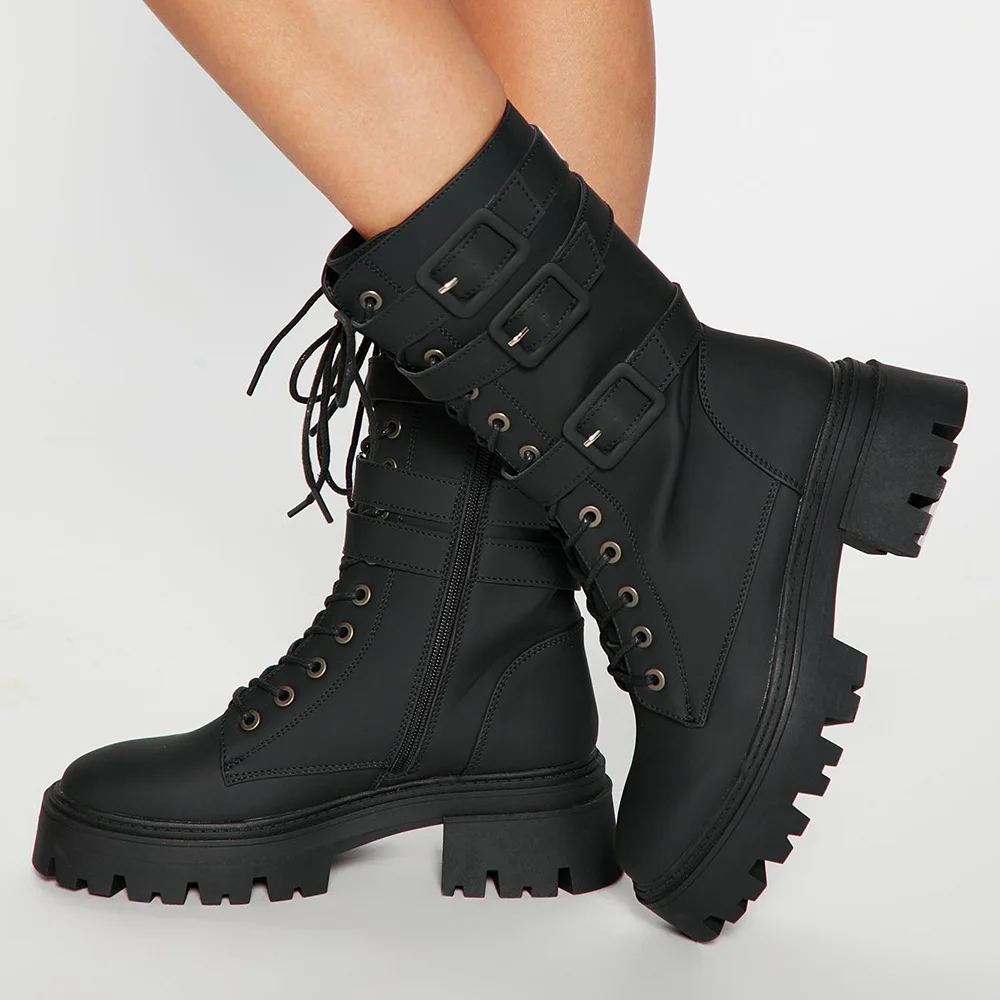 Black Lace Up Combat Boots Lug Sole Chunky Heel Boots Nicepairs