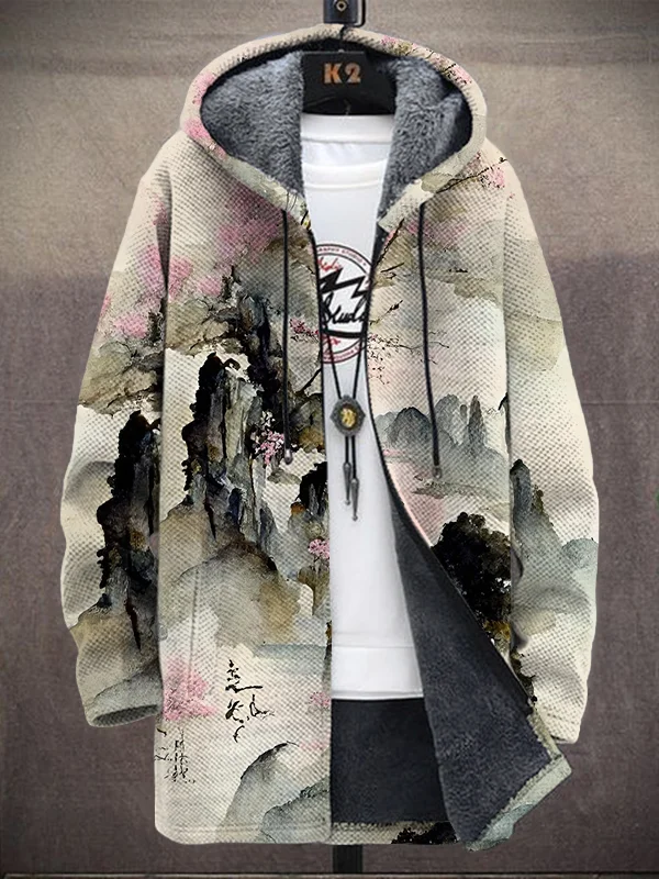 Men's Landscape Ink Painting Art Print Hooded Trench Coat