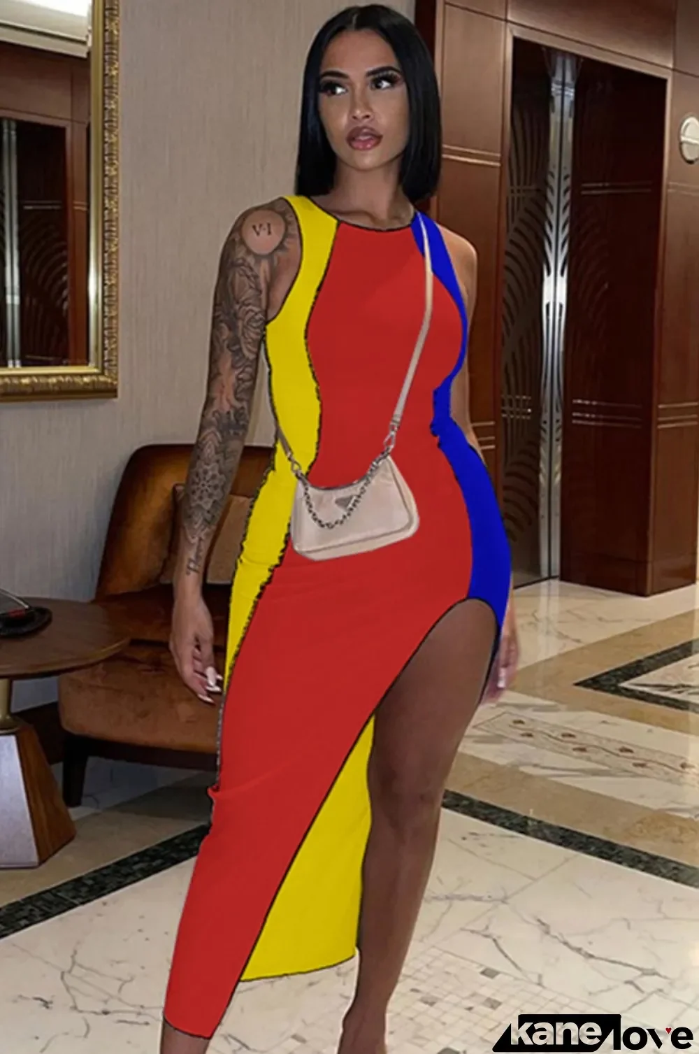 Summer Color Block Slit Irregular Long Tank Dress
