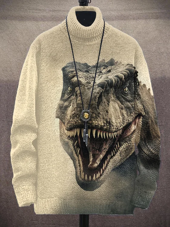 Men's Retro Dinosaur Graphic Print High Neck Knit Sweatshirt