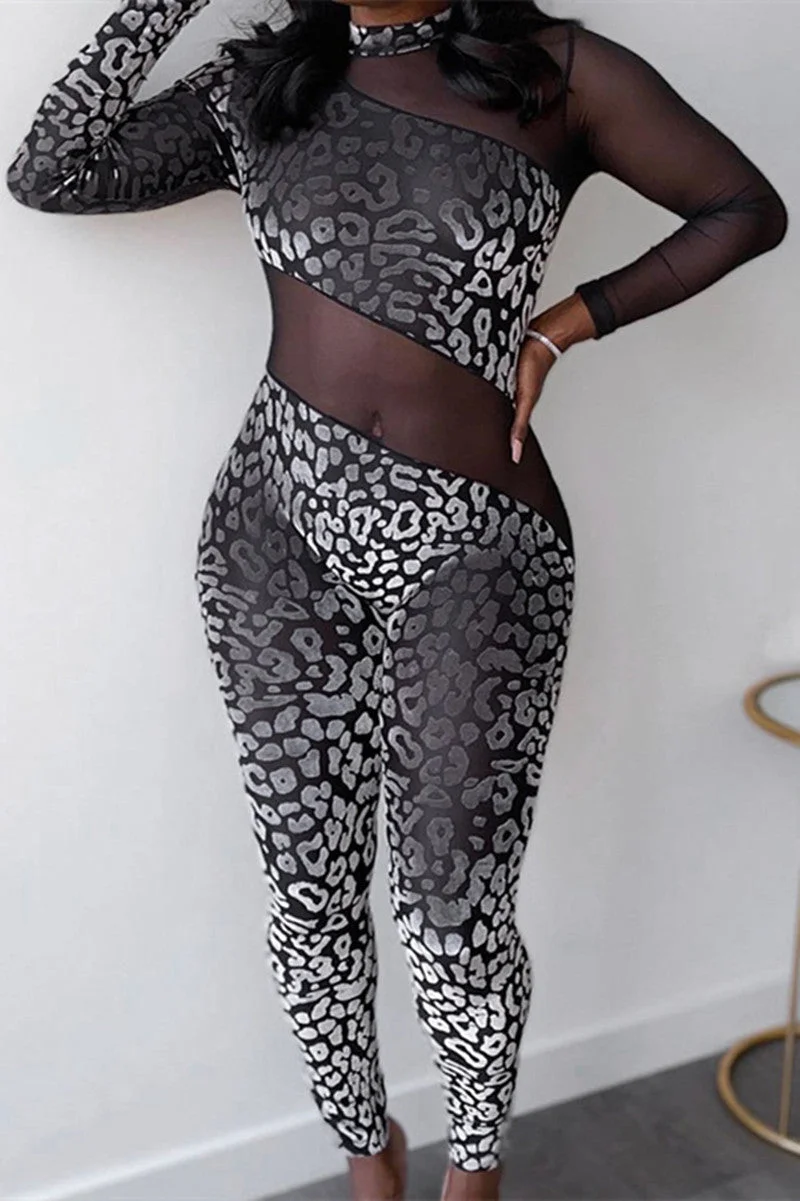 Fashion Sexy Print Split Joint See-through Half A Turtleneck Skinny Jumpsuits