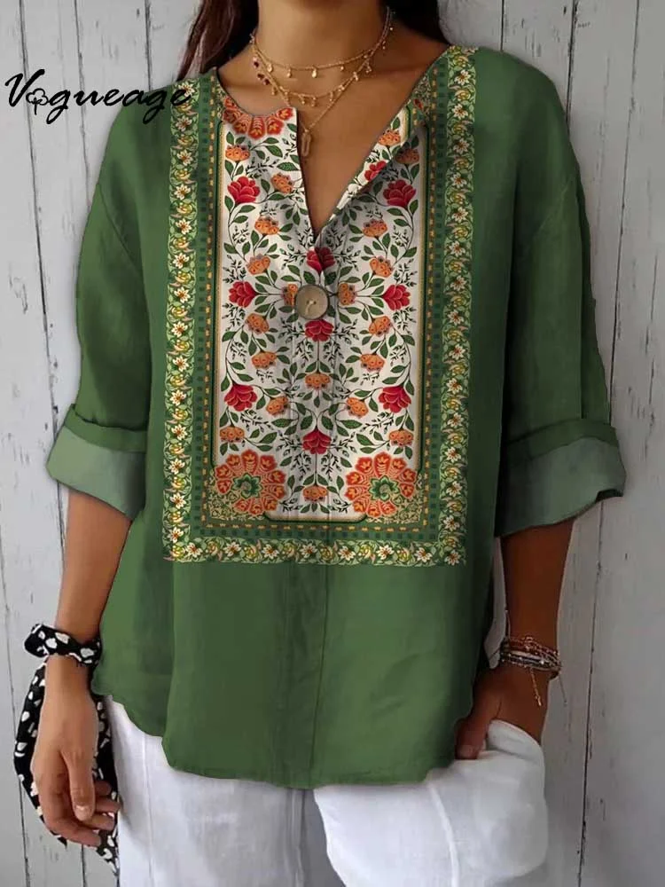 Colorful Bright And Fashionable Flowers Print Cotton And Linen Shirt