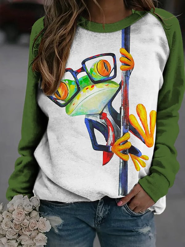 Artwishers Funny Frog Contrast Color Sleeve Sweatshirt