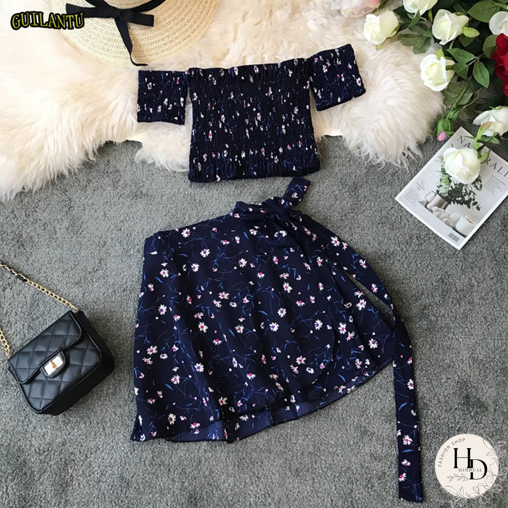 Two Piece Set Womens Sexy Summer Crop Top And Mini Skirt Off Shoulder Elastic Print Floral