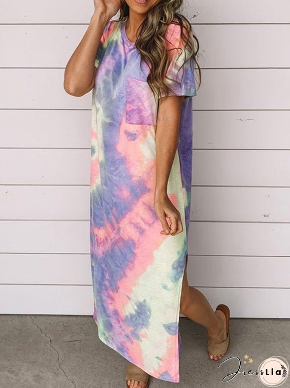 Dresses Tie-Dye Print Crew Neck Pocket Slit Dress for Women