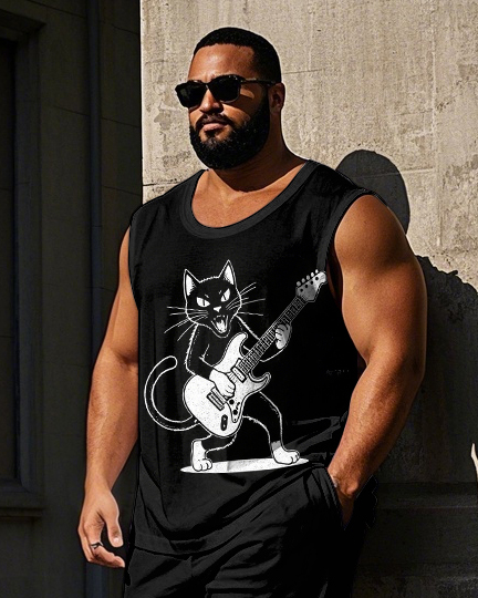 Men's Street Style Cartoon Rocking Cat with Guitar Printed Big and Tall Vest and Pants Set