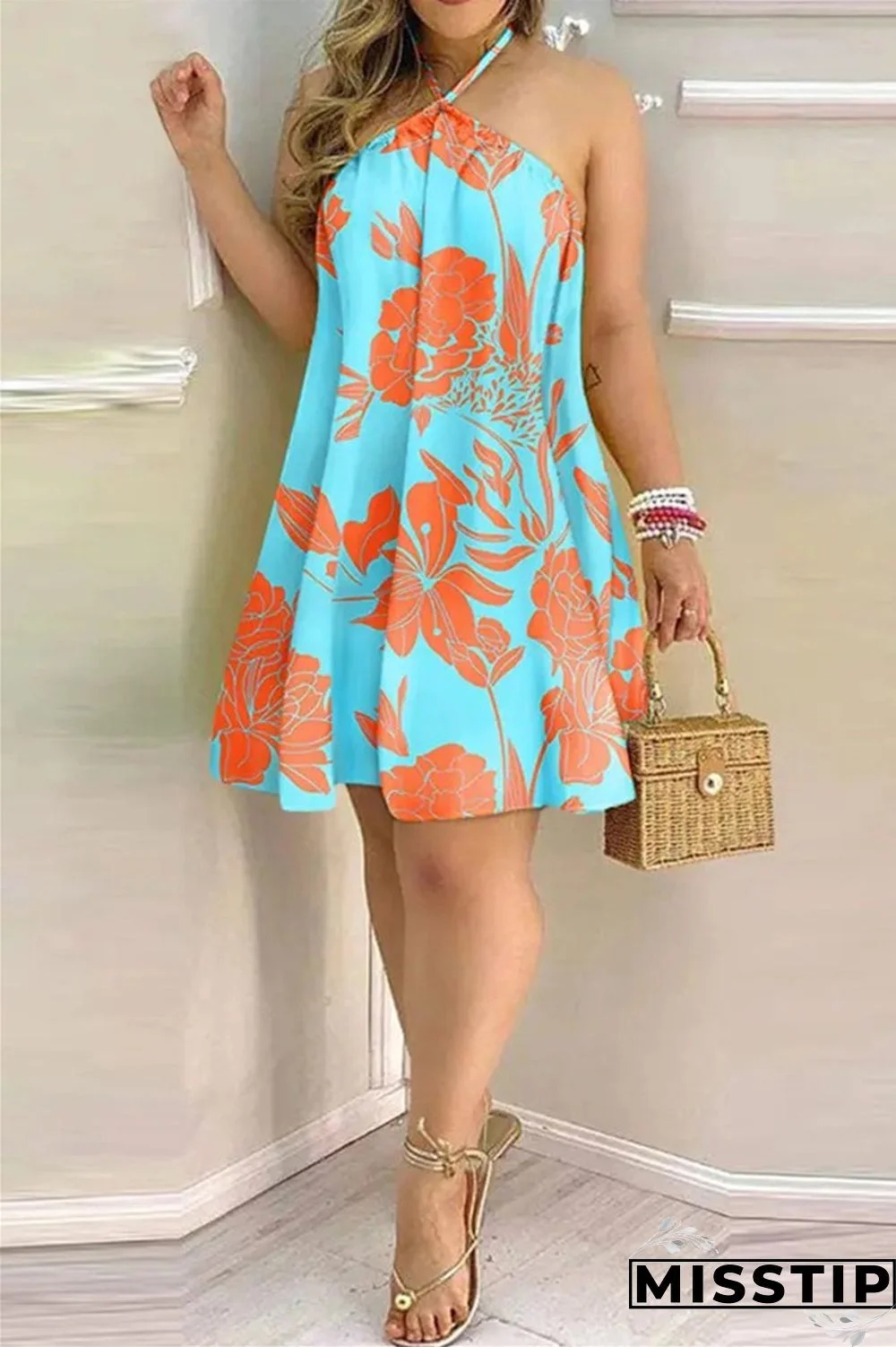 Gradient Color Fashion Casual Print Bandage Backless Halter Sleeveless Dress Dresses