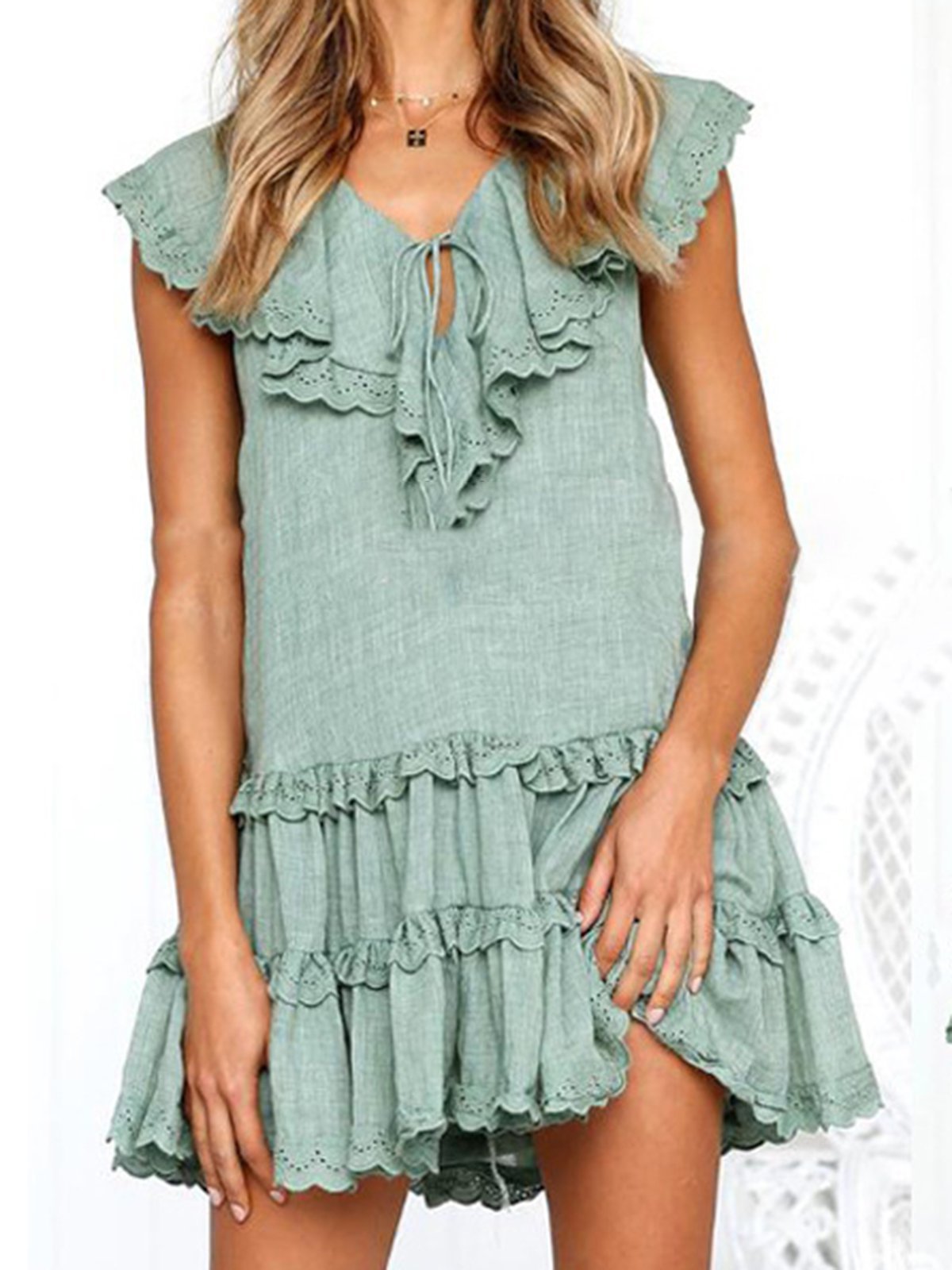 Summer Dress Paneled Pierced V-Neck Sweet Dresses