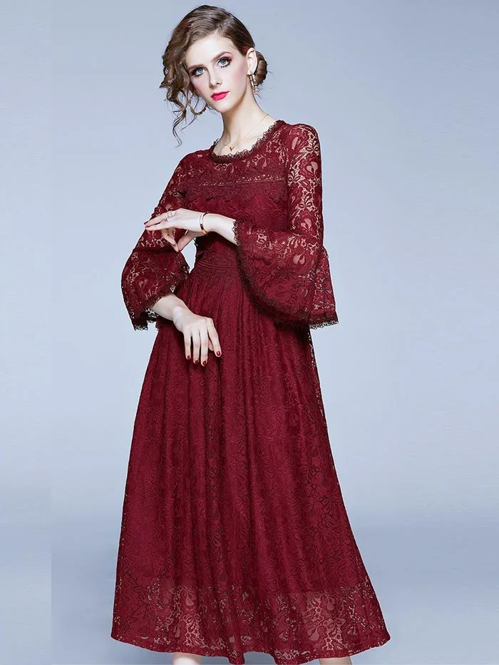 Temperament lace long sleeve long dress