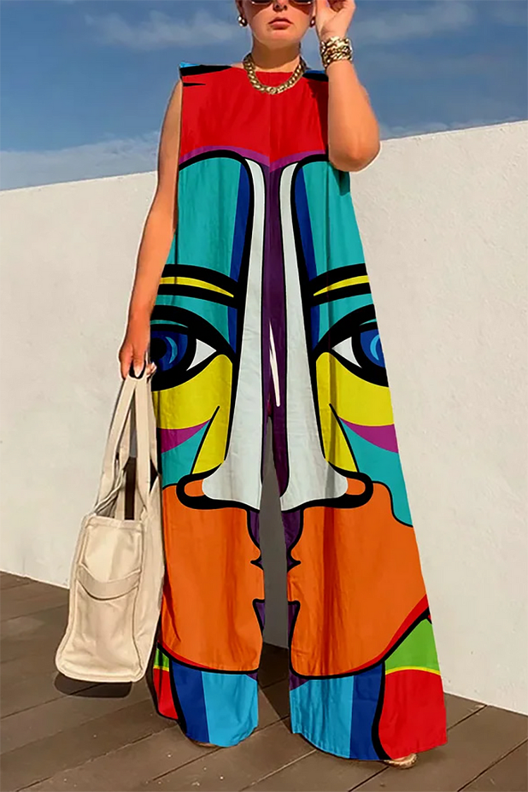 Plus Size Multicolor Casual Wide Leg Graphic Print Jumpsuits 