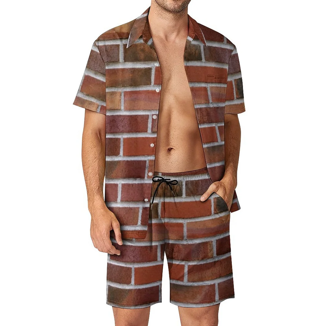 Colorful Brick Wall Men Hawaiian 2 Piece Outfit Vintage Button Down Beach Shirt Shorts Set Tracksuit with Pockets
