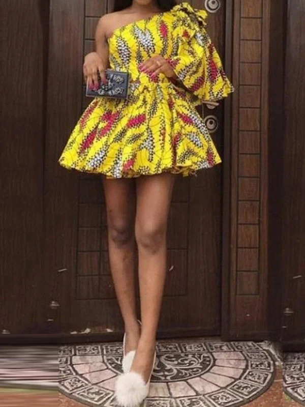 One-Shoulder Long Sleeve Floral Printed Falbala A-Line Fashion Mini Dress