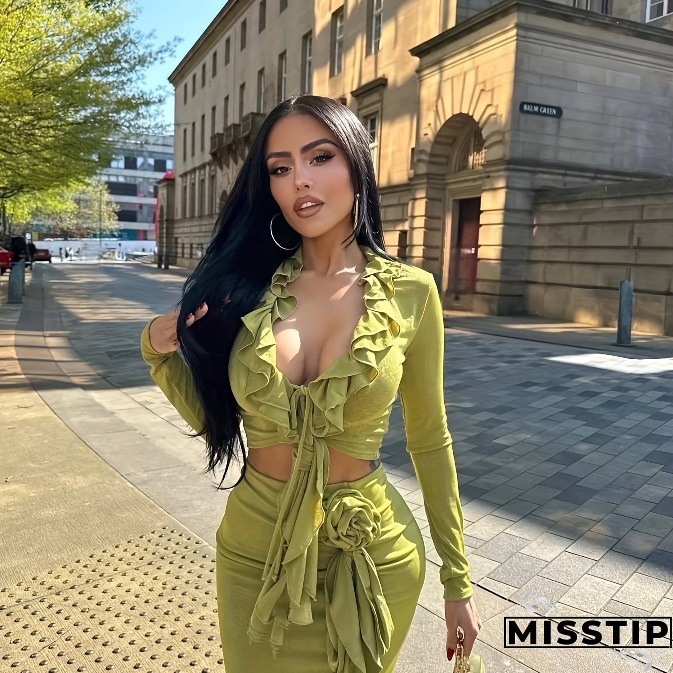 Sexy Ruffle Trim Slim Skirt Set, Long Sleeve Crop Top & Velvet Bodycon Skirt Outfits, Women's Clothing