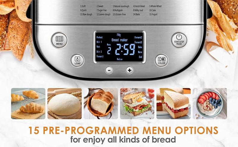 Product Introduction of Automatic Bread Maker, 2LB 1.5LB 1LB Bread Maker Machine with with Gluten-Free Setting, 15-in-1 Stainless Steel Bread Maker with Recipes 6