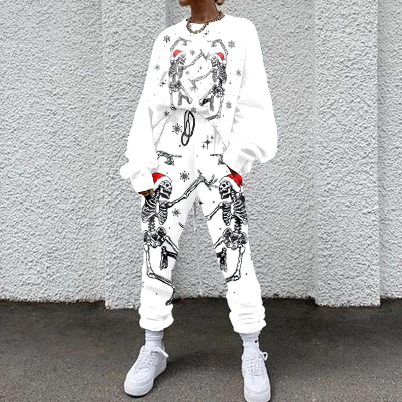 Casual Christmas Dancing Skull Print Two Piece Set