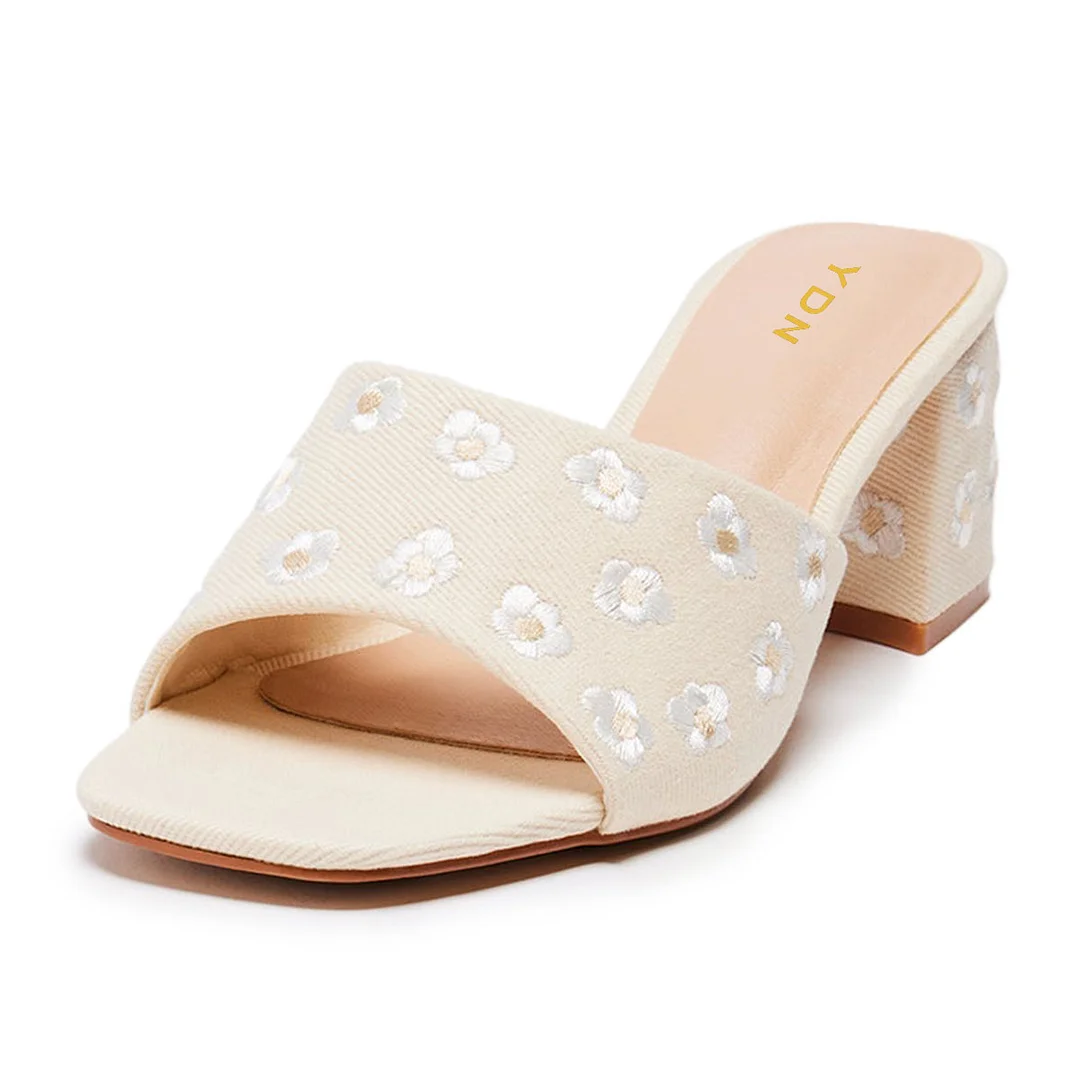 Chic Beige Open Toe Flower Embroidery Block Heel Mules Sandals