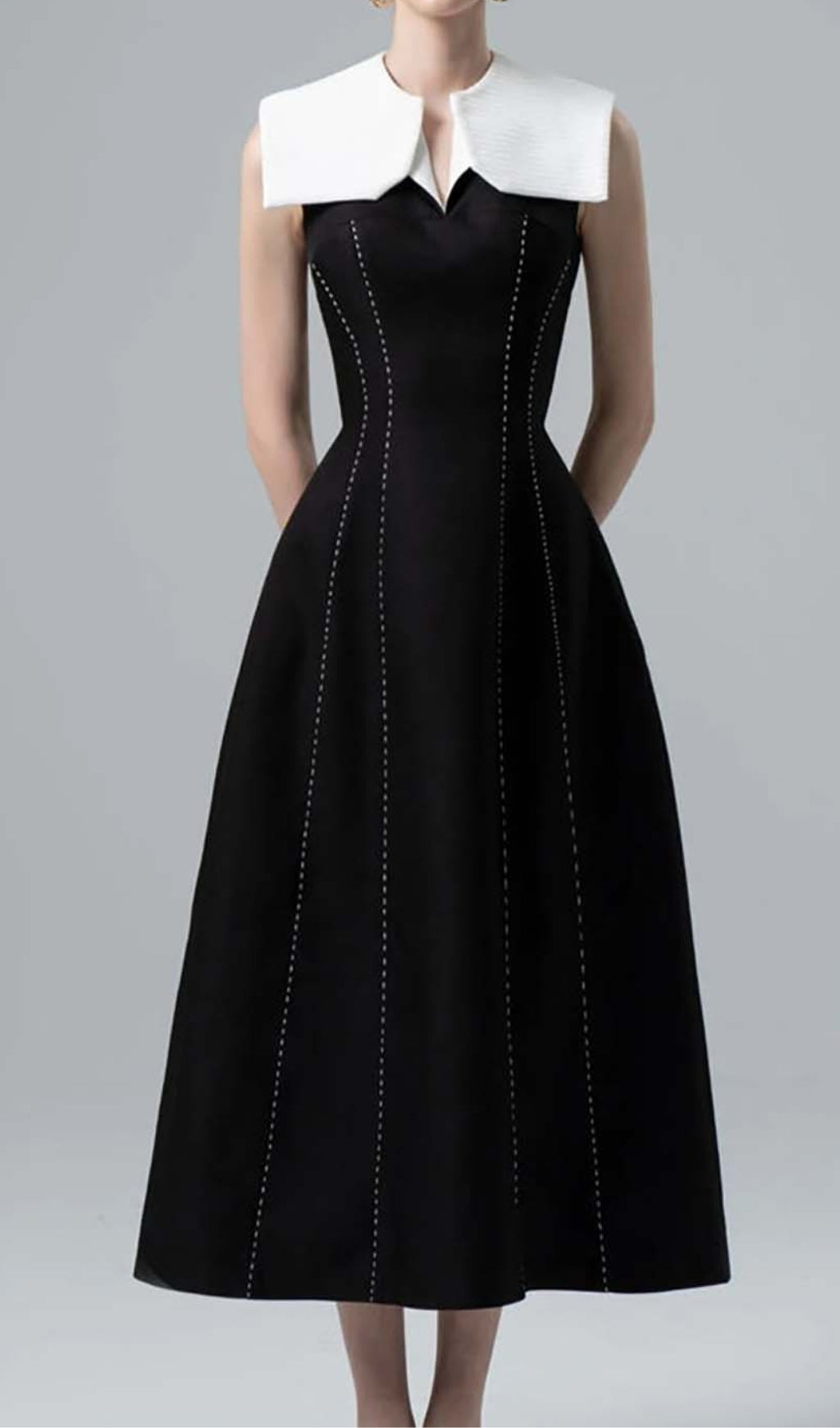 Stitching A Line Midi Dress In Black Flowering Girl