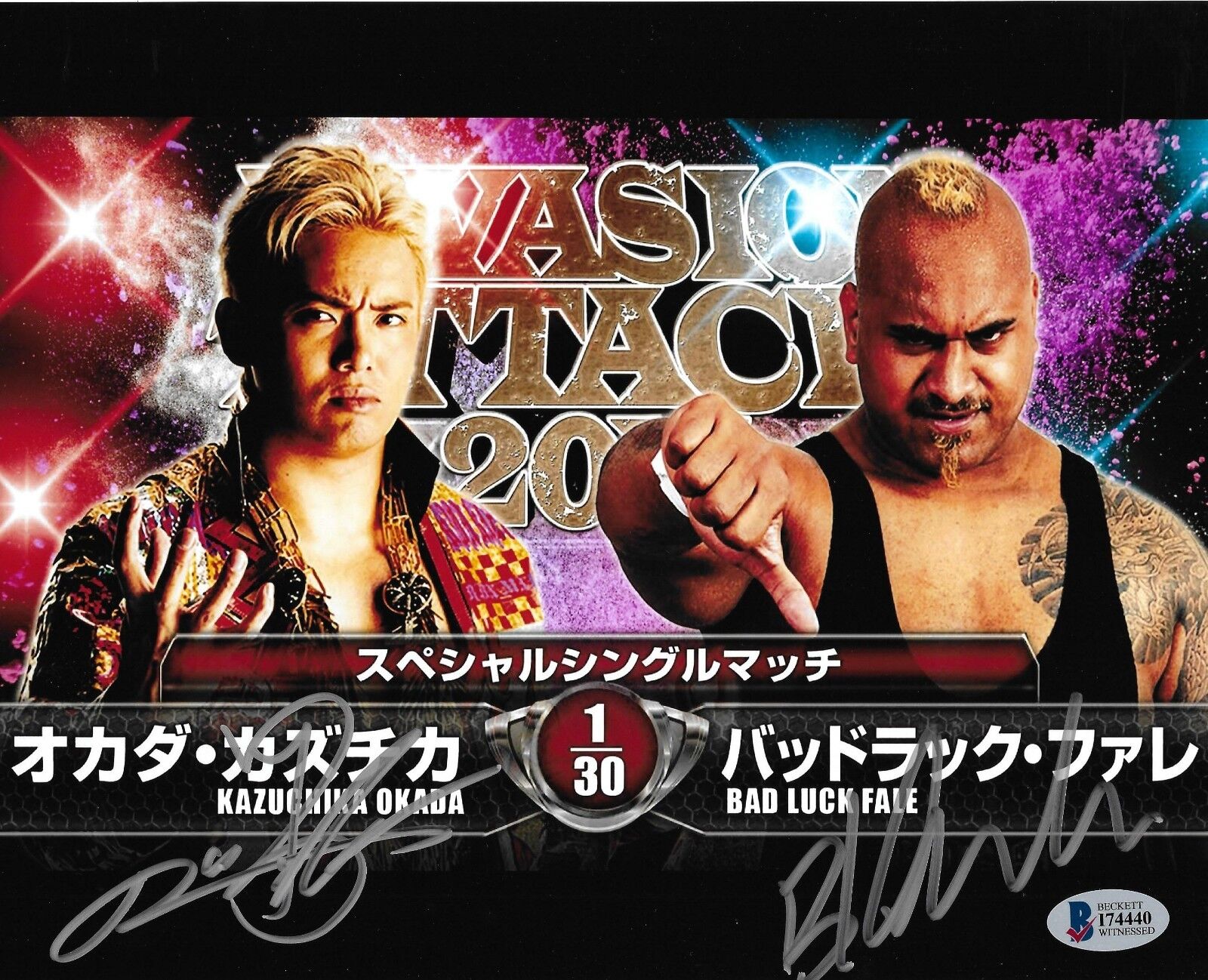 Kazuchika Okada Bad Luck Fale Signed 8x10 Photo Poster painting BAS COA New Japan Pro Wrestling