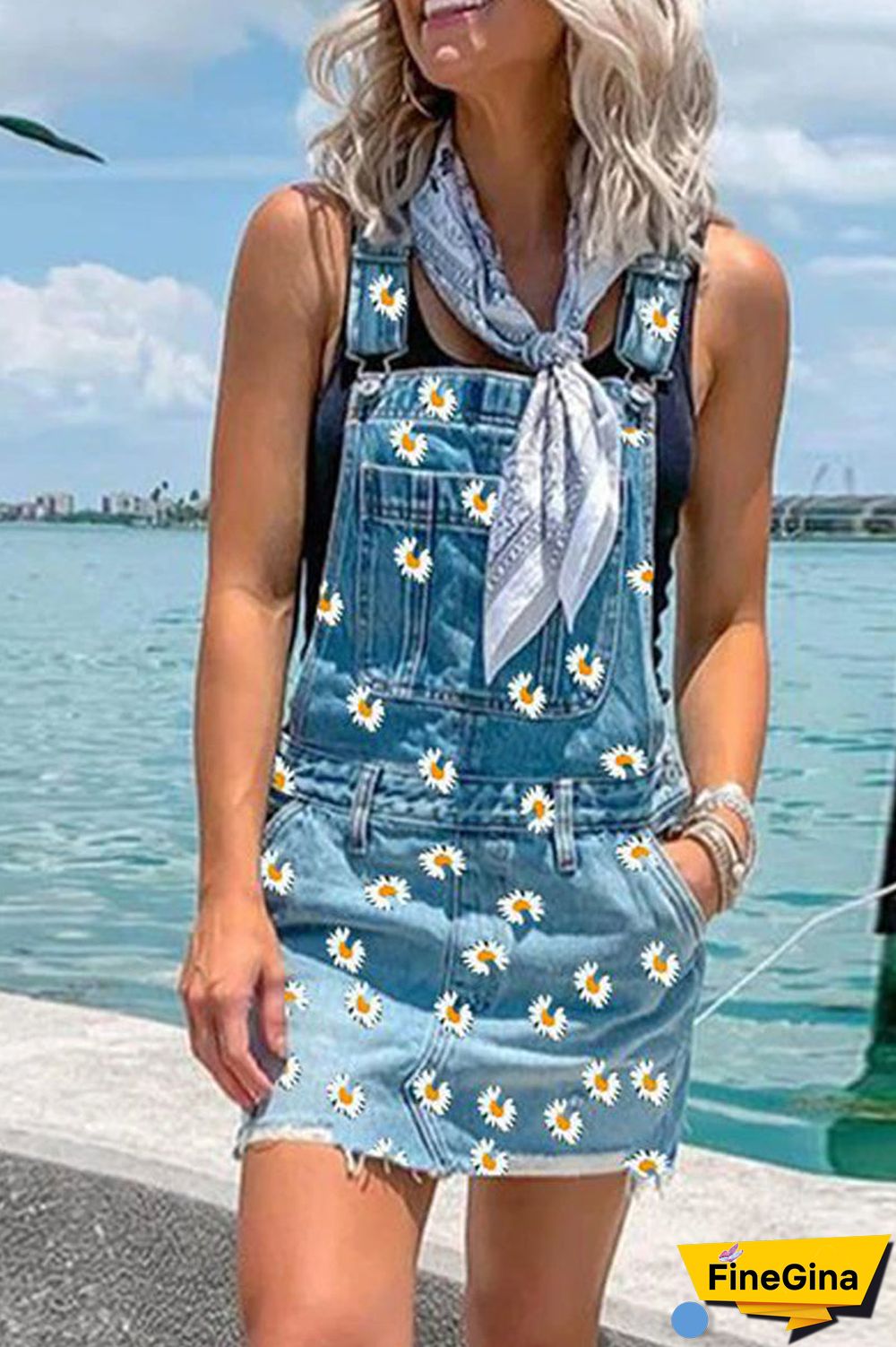 Denim Floral Printed Pocket Mini Dress