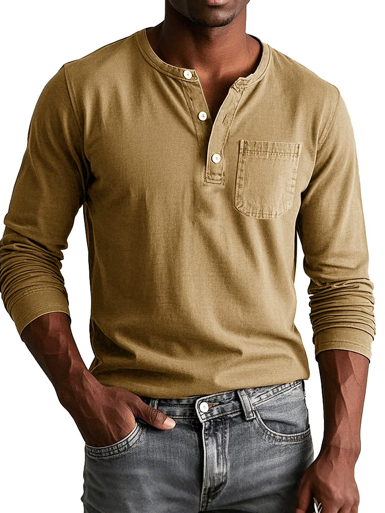 Men's Fashion Casual Vintage Washed Cotton Pocket Long Sleeve Henley Shirt