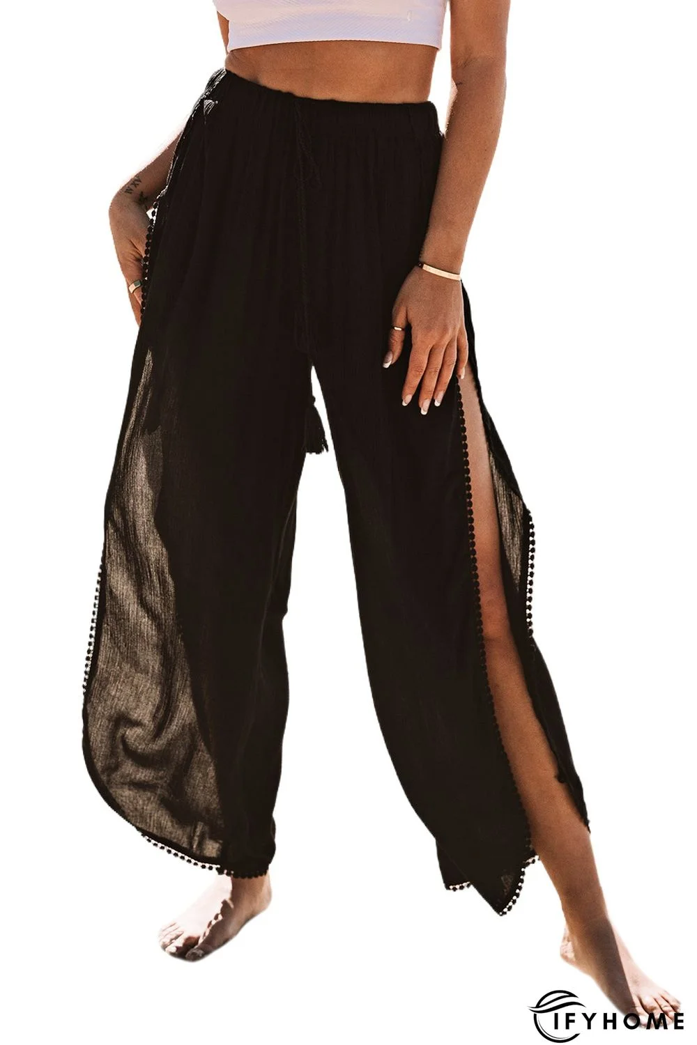 Black Lace Trim Along Split Leg Beach Cover up Pants | IFYHOME
