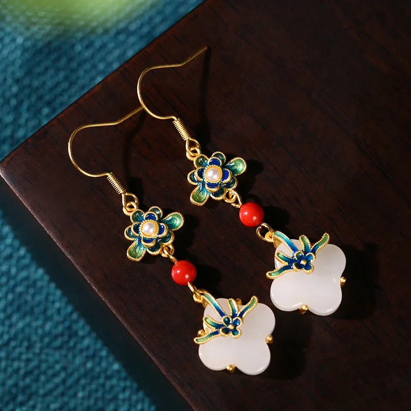 White Jade Flower Boho Drop Dangle Earring