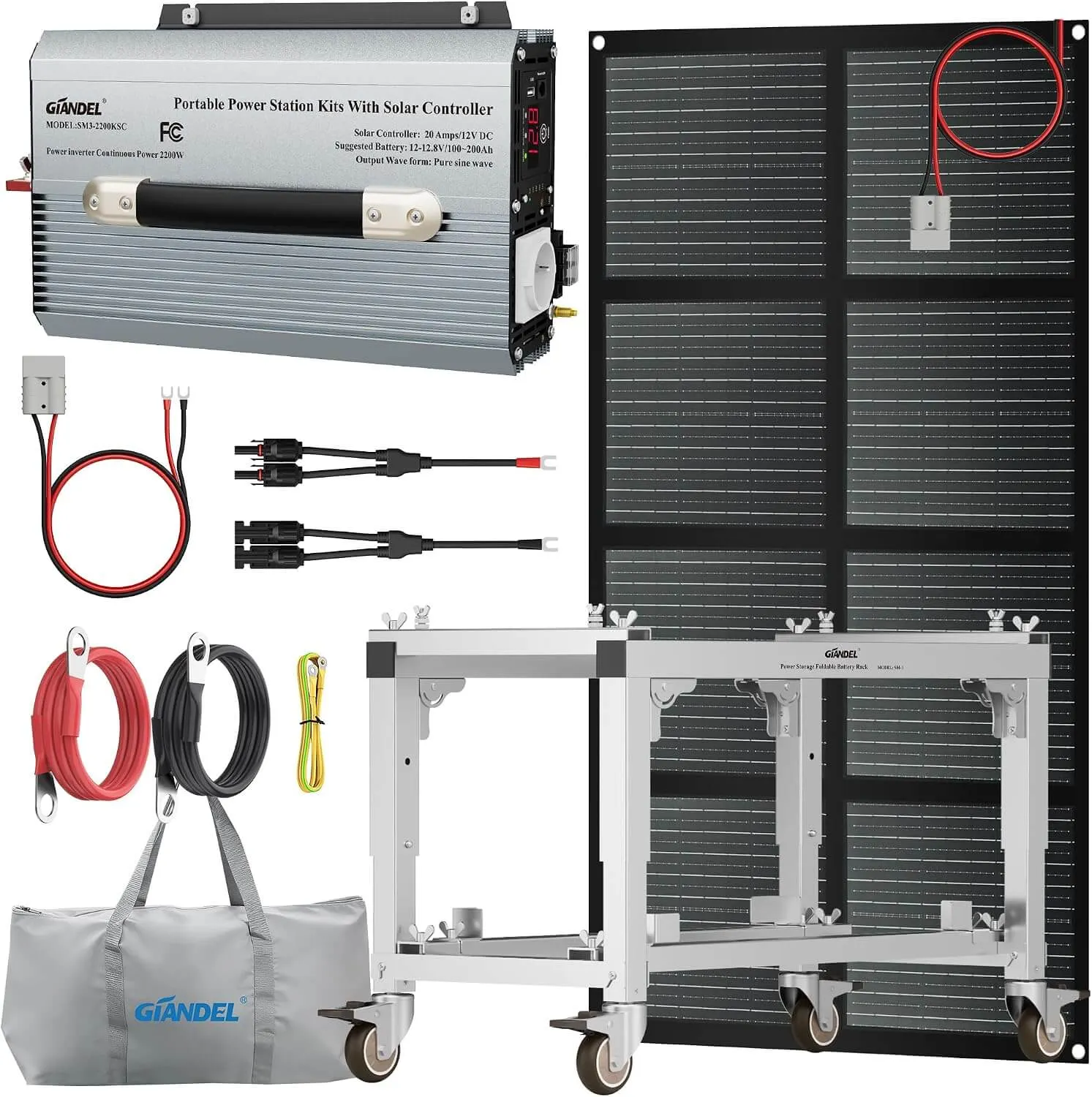 GIANDEL Solar Kits Includes 200 Watt Solar Panel Foldable,2200 Watt Solar Inverter with 20A PWM Solar Charge Controller,Battery Storage Rack